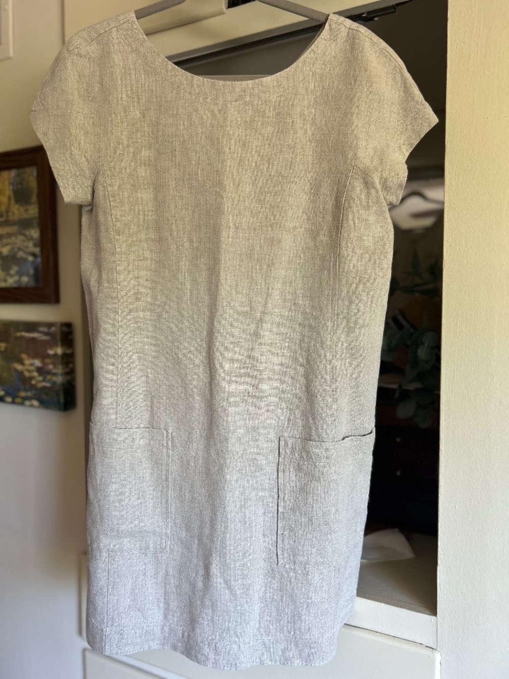 Eileen Fisher Beige Linen Patch Pocket Short Sleeve Shift Dress Petite Small